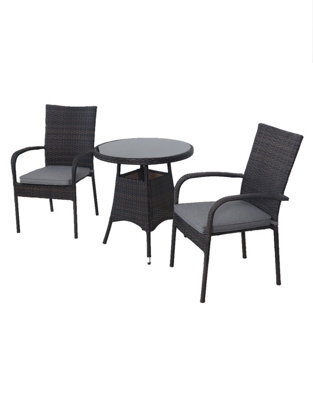Sh&g Heaton 2 Seat Bistro Set - 3 Piece Round Table & Chairs - Brown Rattan With Grey Cushions - Indoor & Outdoor - image 1