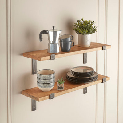 Off the Grain Rustic Wooden Shelves With Brackets -80Cm Wall Shelves Pack Of 2 - 22.5Cm Deep - image 1