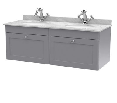 Balterley Swynnerton Traditional 2 Drawer Wall Hung Vanity Unit With Double Marble Basin, Satin Grey, 1200mm - image 1