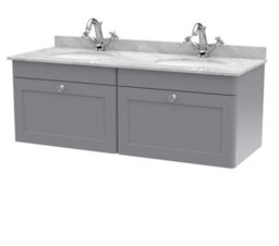 Balterley Swynnerton Traditional 2 Drawer Wall Hung Vanity Unit With Double Marble Basin, Satin Grey, 1200mm - thumbnail 1