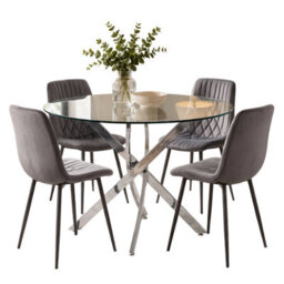 Oira Homes Round Glass Dining Table Set With 4 Dark Grey Velvet Diamond Chairs 4 Seater Kitchen Dining Set - thumbnail 2