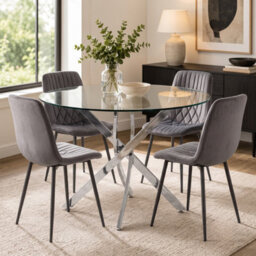 Oira Homes Round Glass Dining Table Set With 4 Dark Grey Velvet Diamond Chairs 4 Seater Kitchen Dining Set - thumbnail 1