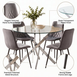 Oira Homes Round Glass Dining Table Set With 4 Dark Grey Velvet Diamond Chairs 4 Seater Kitchen Dining Set - thumbnail 3