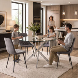 Oira Homes Round Glass Dining Table Set With 4 Dark Grey Velvet Diamond Chairs 4 Seater Kitchen Dining Set - thumbnail 7