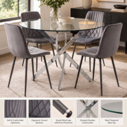 Oira Homes Round Glass Dining Table Set With 4 Dark Grey Velvet Diamond Chairs 4 Seater Kitchen Dining Set - thumbnail 4