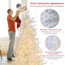 Costway 6 Ft Pre-Lit Artificial Christmas Tree White Hinged Xmas Tree W/ Snow-Flocked Pe Tips - thumbnail 7