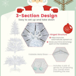 Costway 6 Ft Pre-Lit Artificial Christmas Tree White Hinged Xmas Tree W/ Snow-Flocked Pe Tips - thumbnail 6