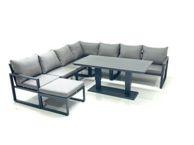 Fimous 8 Seater Outdoor Aluminum Garden Furniture Set Corner Sofa Big Footstool Adjustable Rising Lifting Dining Table Sets