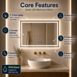 Maerts-E 1000X600mm Bluetooth Led Bathroom Mirror With Demister, 3 Colour Dimmable Light, Touch Sensor, Ip44 Wall Mounted - thumbnail 2