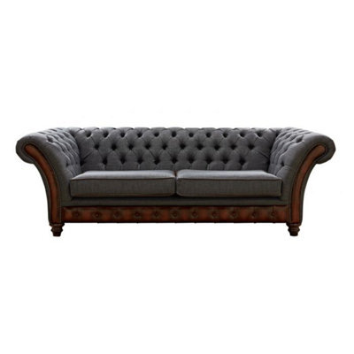 Chesterfield 3 Seater Sofa Antique Light Rust Leather Marinello Pewter Fabric In Jepson Style - image 1