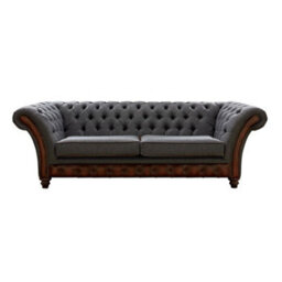 Chesterfield 3 Seater Sofa Antique Light Rust Leather Marinello Pewter Fabric In Jepson Style - thumbnail 1