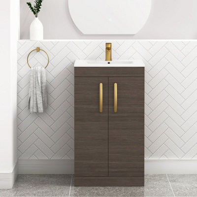 Royal Bathrooms Turin Grey Elm 500mm Floor Standing Vanity Unit 2 Door With Minimalist Basin Sink & Brushed Brass Handles - image 1