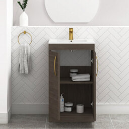 Royal Bathrooms Turin Grey Elm 500mm Floor Standing Vanity Unit 2 Door With Minimalist Basin Sink & Brushed Brass Handles - thumbnail 3