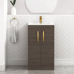 Royal Bathrooms Turin Grey Elm 500mm Floor Standing Vanity Unit 2 Door With Minimalist Basin Sink & Brushed Brass Handles - thumbnail 1