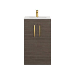 Royal Bathrooms Turin Grey Elm 500mm Floor Standing Vanity Unit 2 Door With Minimalist Basin Sink & Brushed Brass Handles - thumbnail 6