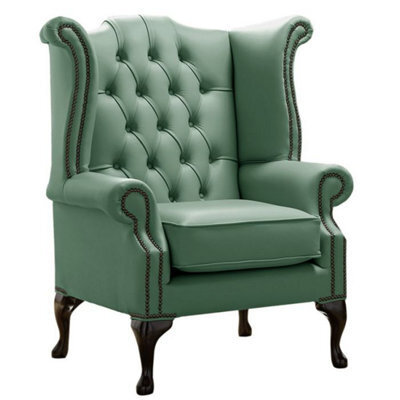 Chesterfield High Back Wing Chair Shelly Jade Green Leather Bespoke In Queen Anne Style - image 1