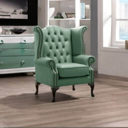 Chesterfield High Back Wing Chair Shelly Jade Green Leather Bespoke In Queen Anne Style - thumbnail 2
