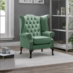 Chesterfield High Back Wing Chair Shelly Jade Green Leather Bespoke In Queen Anne Style - thumbnail 3