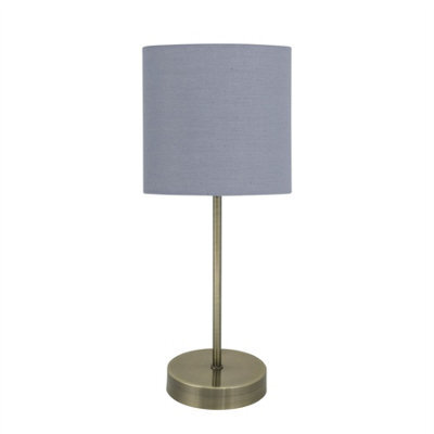 First Choice Lighting Antique Brass Stick Table Lamp With Grey Cotton Shade - image 1