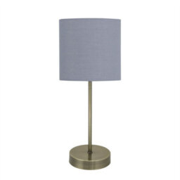 First Choice Lighting Antique Brass Stick Table Lamp With Grey Cotton Shade - thumbnail 1