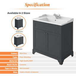 Plum&clay Belmont Charcoal Blue Traditional Floor Standing Vanity Unit With Ceramic Basin (W)810mm - thumbnail 4