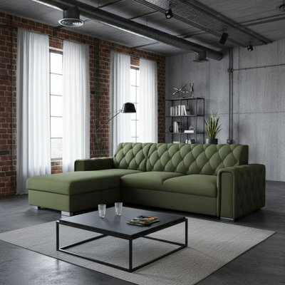 Roma Corner Sofa Bed With Storage Polyurethane Foam Wave Springs Metal Legs Wooden Frame 267X85X185Cm Olive Left - image 1