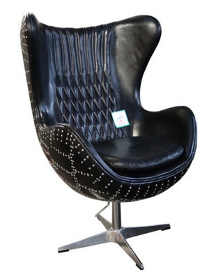 Aviator Aviation Swivel Egg Armchair Aluminium Vintage Black Real Distressed Leather - image 1