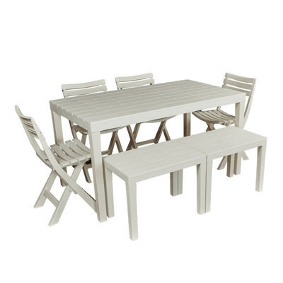 Urbn-Living 4 Plastic White Chairs & 2 Benches Outdoor Garden Table Set - image 1