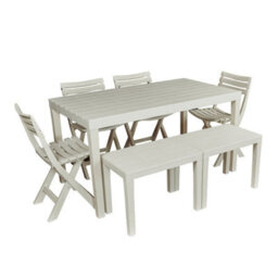 Urbn-Living 4 Plastic White Chairs & 2 Benches Outdoor Garden Table Set - thumbnail 1