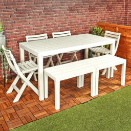 Urbn-Living 4 Plastic White Chairs & 2 Benches Outdoor Garden Table Set - thumbnail 2