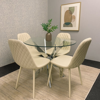 Kosy Koala Modern Round Glass Dining Table Set With 4 Cream Gem Pattern Chairs Dining Room Furniture - image 1