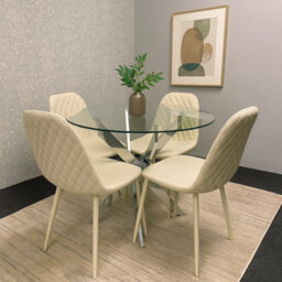 Kosy Koala Modern Round Glass Dining Table Set With 4 Cream Gem Pattern Chairs Dining Room Furniture - thumbnail 1