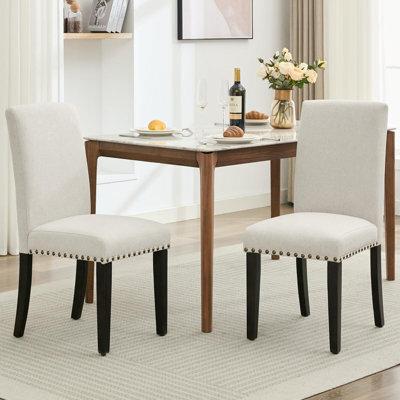 Set Of 2 Parsons Upholstered Dining Chairs, Linen Fabric Side Chairs With Curved Backrest & Rubberwood Legs, Off-White, Rivets - image 1