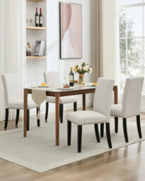Set Of 2 Parsons Upholstered Dining Chairs, Linen Fabric Side Chairs With Curved Backrest & Rubberwood Legs, Off-White, Rivets - thumbnail 8