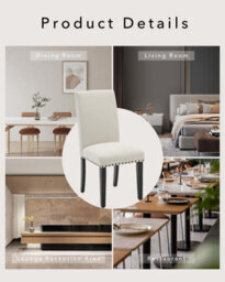 Set Of 2 Parsons Upholstered Dining Chairs, Linen Fabric Side Chairs With Curved Backrest & Rubberwood Legs, Off-White, Rivets - thumbnail 6