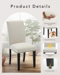 Set Of 2 Parsons Upholstered Dining Chairs, Linen Fabric Side Chairs With Curved Backrest & Rubberwood Legs, Off-White, Rivets - thumbnail 4