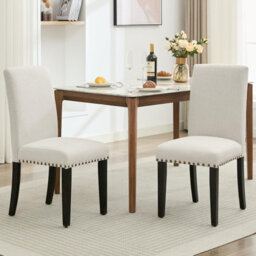 Set Of 2 Parsons Upholstered Dining Chairs, Linen Fabric Side Chairs With Curved Backrest & Rubberwood Legs, Off-White, Rivets