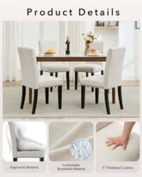 Set Of 2 Parsons Upholstered Dining Chairs, Linen Fabric Side Chairs With Curved Backrest & Rubberwood Legs, Off-White, Rivets - thumbnail 3