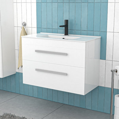 Nes Home 800mm White Wall Hung 2 Drawers Slim Basin Vanity Unit - image 1