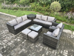 Fimous Rattan Garden Furniture Sofa Set With 2 Armchairs Square Coffee Table Side Table 2 Small Footstools Indoor Side Table - thumbnail 1