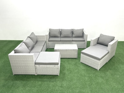Fimous Wicker Pe Rattan Sofa Garden Furniture Set Armchair Oblong Coffee Table 2 Big Stools Light Grey - image 1