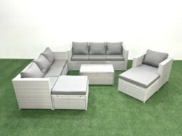 Fimous Wicker Pe Rattan Sofa Garden Furniture Set Armchair Oblong Coffee Table 2 Big Stools Light Grey - thumbnail 1