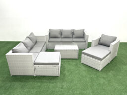 Fimous Wicker Pe Rattan Sofa Garden Furniture Set Armchair Oblong Coffee Table 2 Big Stools Light Grey - thumbnail 2
