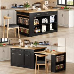 Merax Kitchen Island With Extendable Dining Table, Rolling Storage Cabinet With Drawers, Marble Effect Worktop, Black & Natural - thumbnail 2