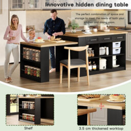 Merax Kitchen Island With Extendable Dining Table, Rolling Storage Cabinet With Drawers, Marble Effect Worktop, Black & Natural - thumbnail 6