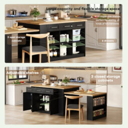 Merax Kitchen Island With Extendable Dining Table, Rolling Storage Cabinet With Drawers, Marble Effect Worktop, Black & Natural - thumbnail 5