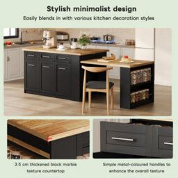 Merax Kitchen Island With Extendable Dining Table, Rolling Storage Cabinet With Drawers, Marble Effect Worktop, Black & Natural - thumbnail 4