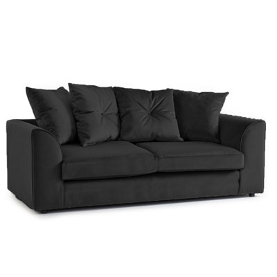 Furnishings For Less UK Fernando Soft Plush Velvet Fabric 3 Seater Sofa Black - Scatter Back