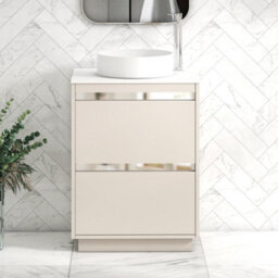 Royal Bathrooms Orion 600mm Warm Taupe Floor Standing Vanity Unit 2 Drawer With Plain White Undrilled Worktop & Chrome Accent Trim - thumbnail 2