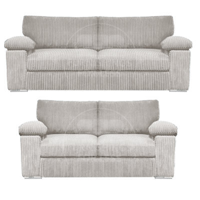 Furnishings For Less UK Delta Fabric Sofa Suite Padded Arms Jumbo Cord 3 And 2 Seater Silver